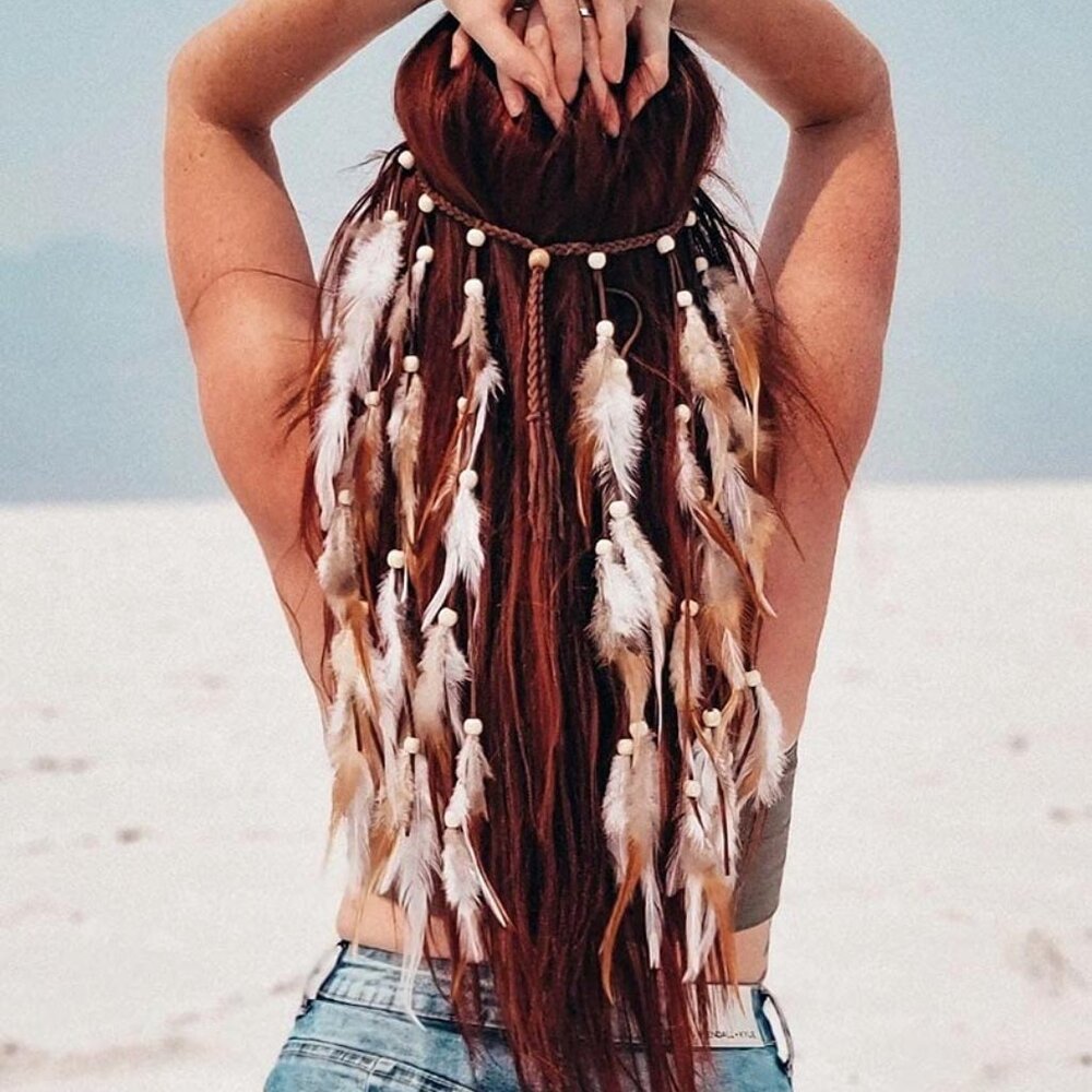Bohemian Feather Hairband Gypsy Headband with White and Brown Feather Tassel Hem